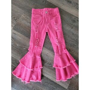 Toddler Girls Pink Denim Bell Bottom Jeans Distressed Ruffle Western 4T #9